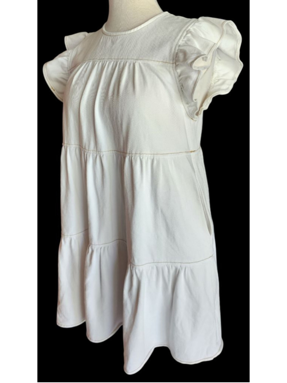 Altar'd State Women's L Denim Babydoll Tiered Ruffle Sleeve Mini Dress Pockets - Picture 2 of 12